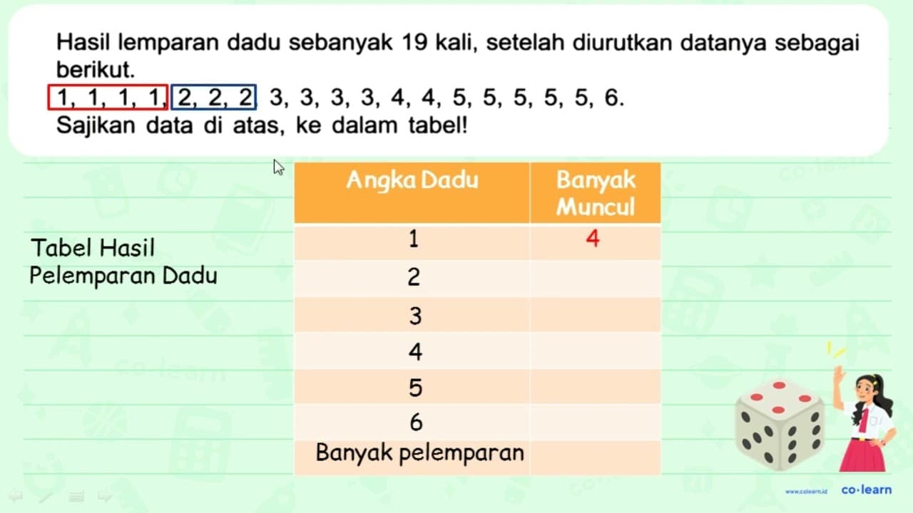 Hasil lemparan dadu sebanyak 19 kali, setelah diurutkan