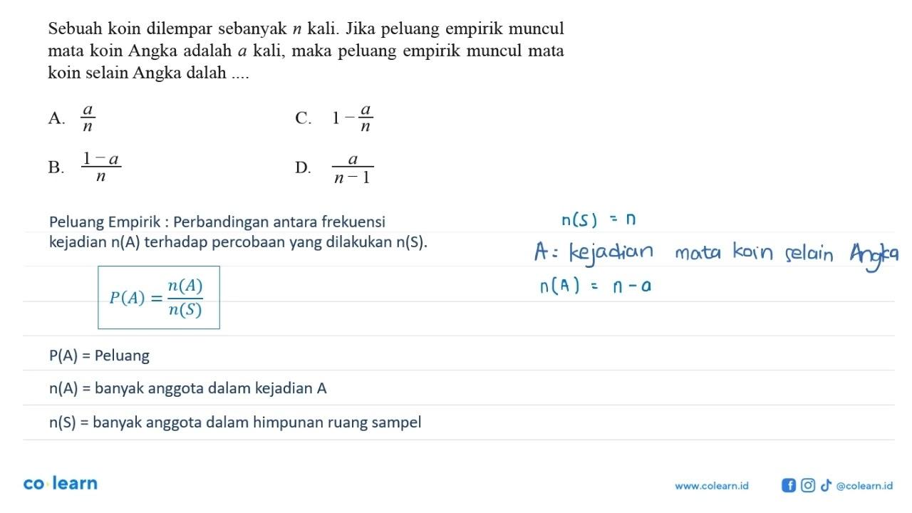 Sebuah koin dilempar sebanyak n kali. Jika peluang empirik