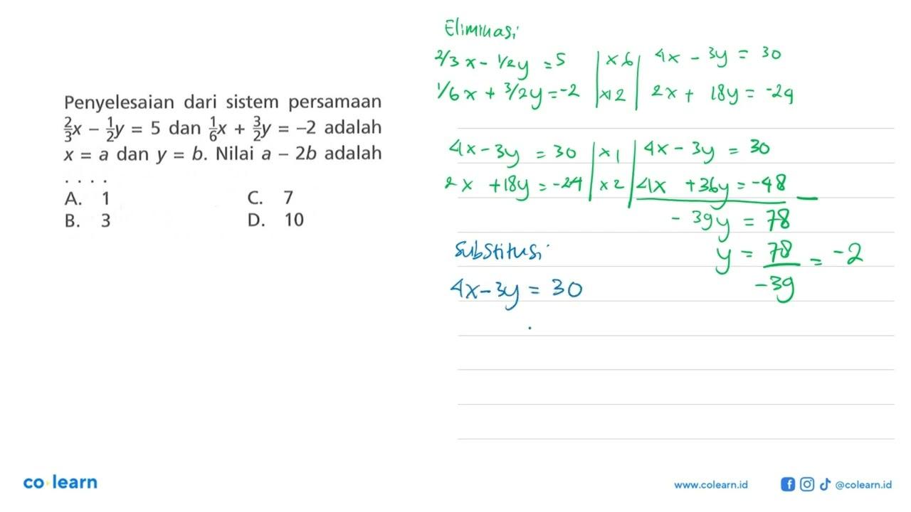 Penyelesaian dari sistem persamaan 2/3x -1/2y = 5 dan 1/6x