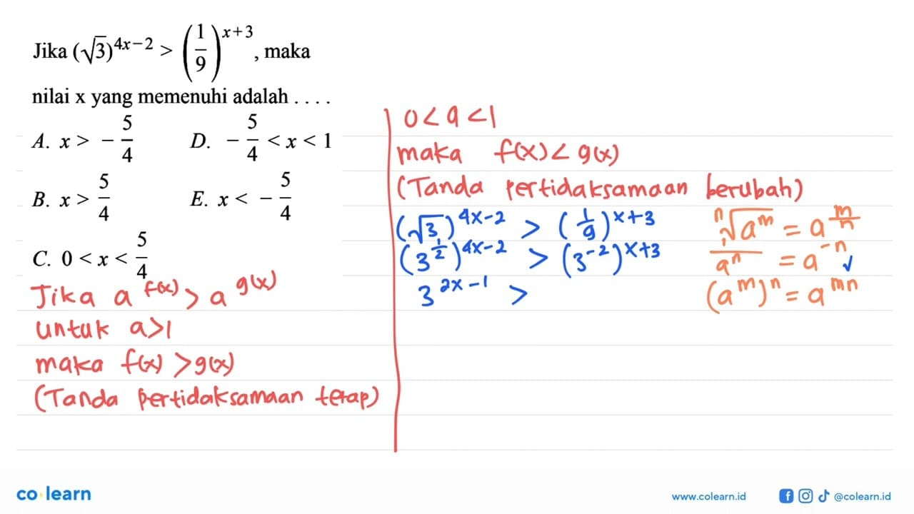 Jika akar(3)^(4x-2)>(1/9)^(x+3), maka nilai x yang memenuhi