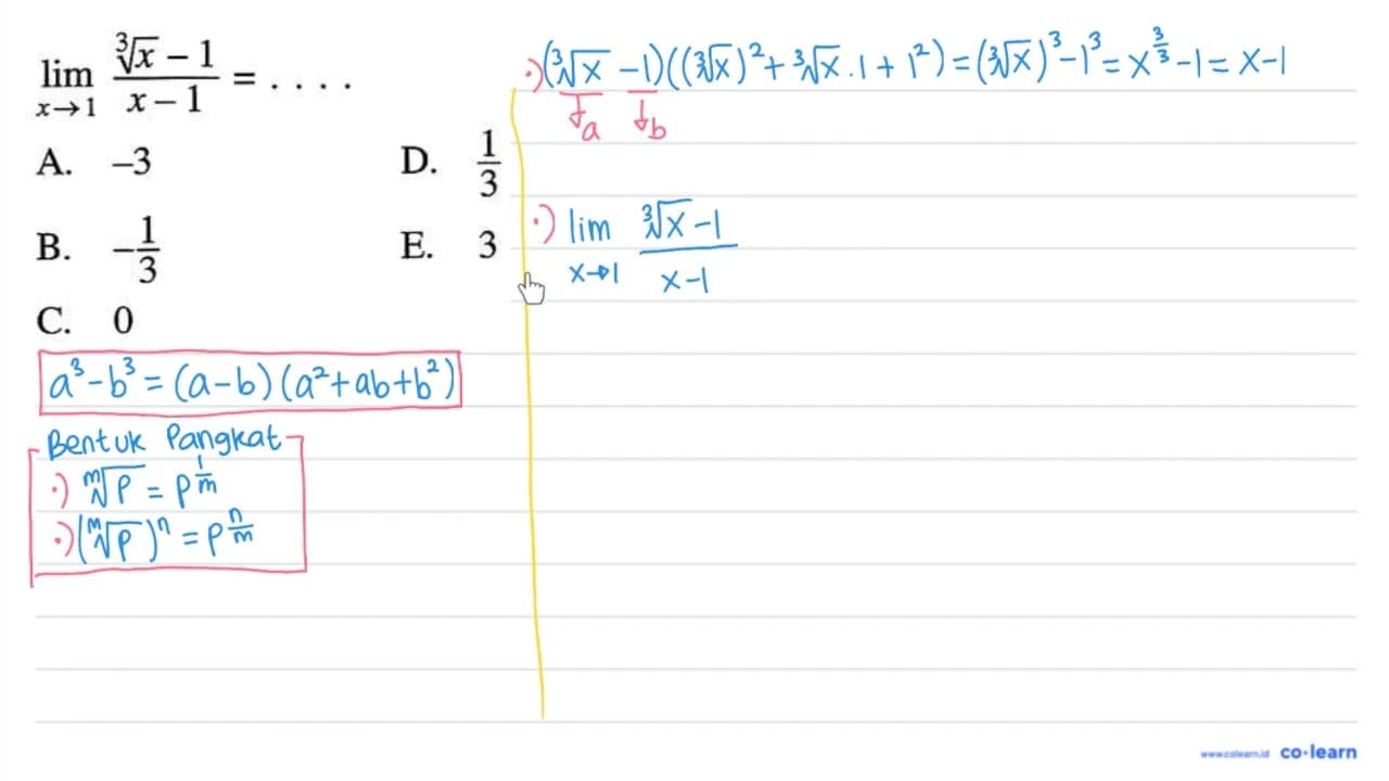 limit x->1 (x^(1/3)-1)/(x-1)=....