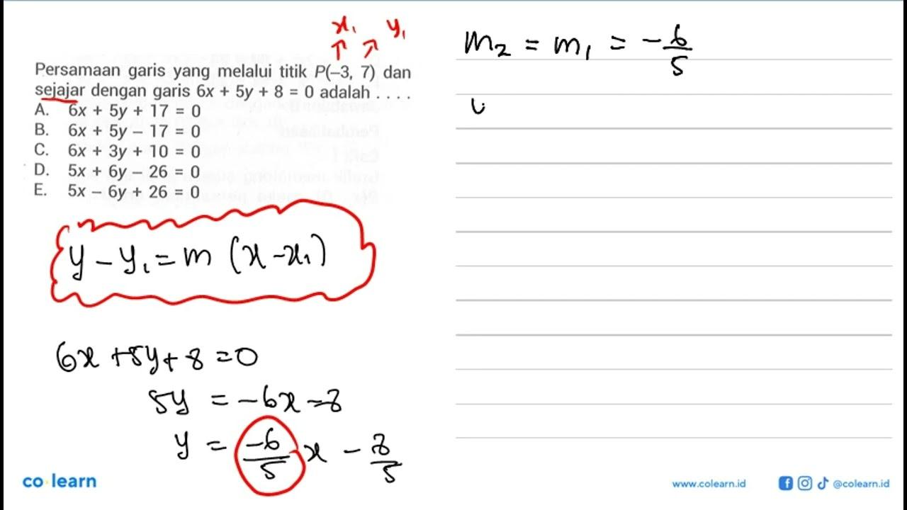 Persamaan garis yang melalui titik P(-3,7) dan sejajar