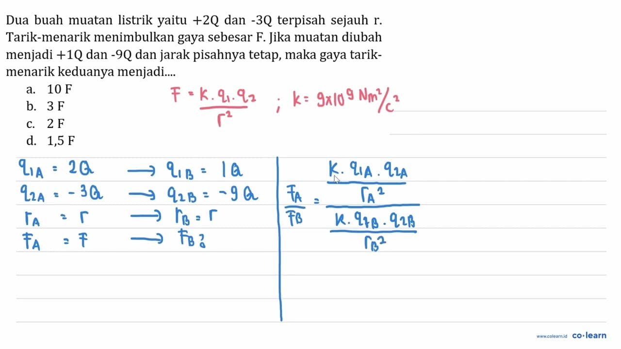 Dua buah muatan listrik yaitu +2 Q dan -3 Q terpisah sejauh