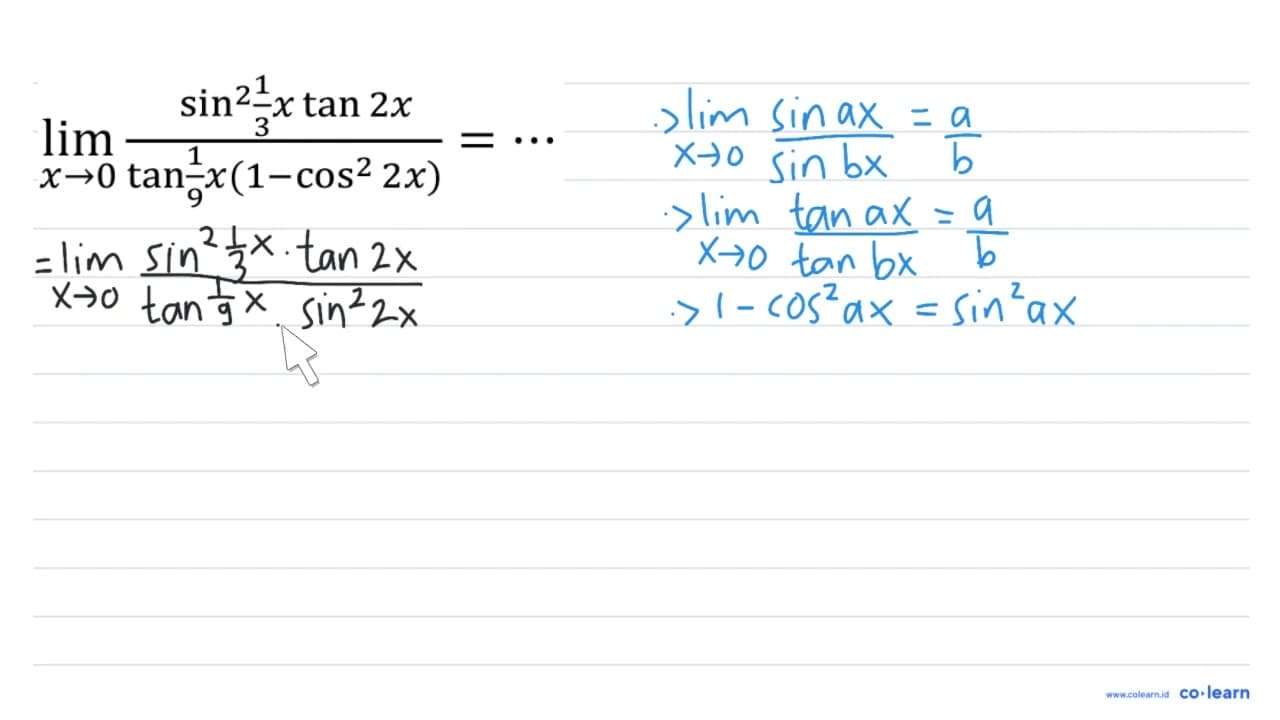 lim _(x -> 0) (sin ^(2) (1)/(3) x tan 2 x)/(tan (1)/(9)