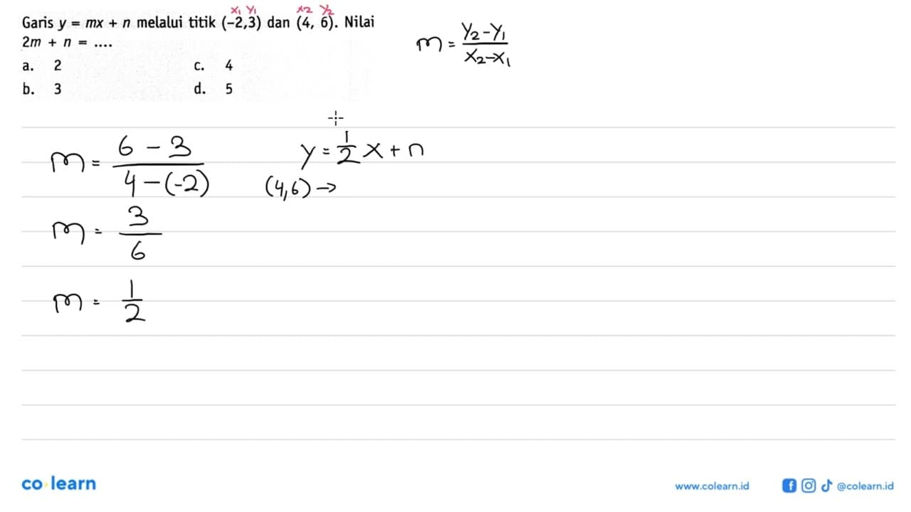 Garis y = mx + n melalui titik (-2,3) dan (4, 6). Nilai 2m