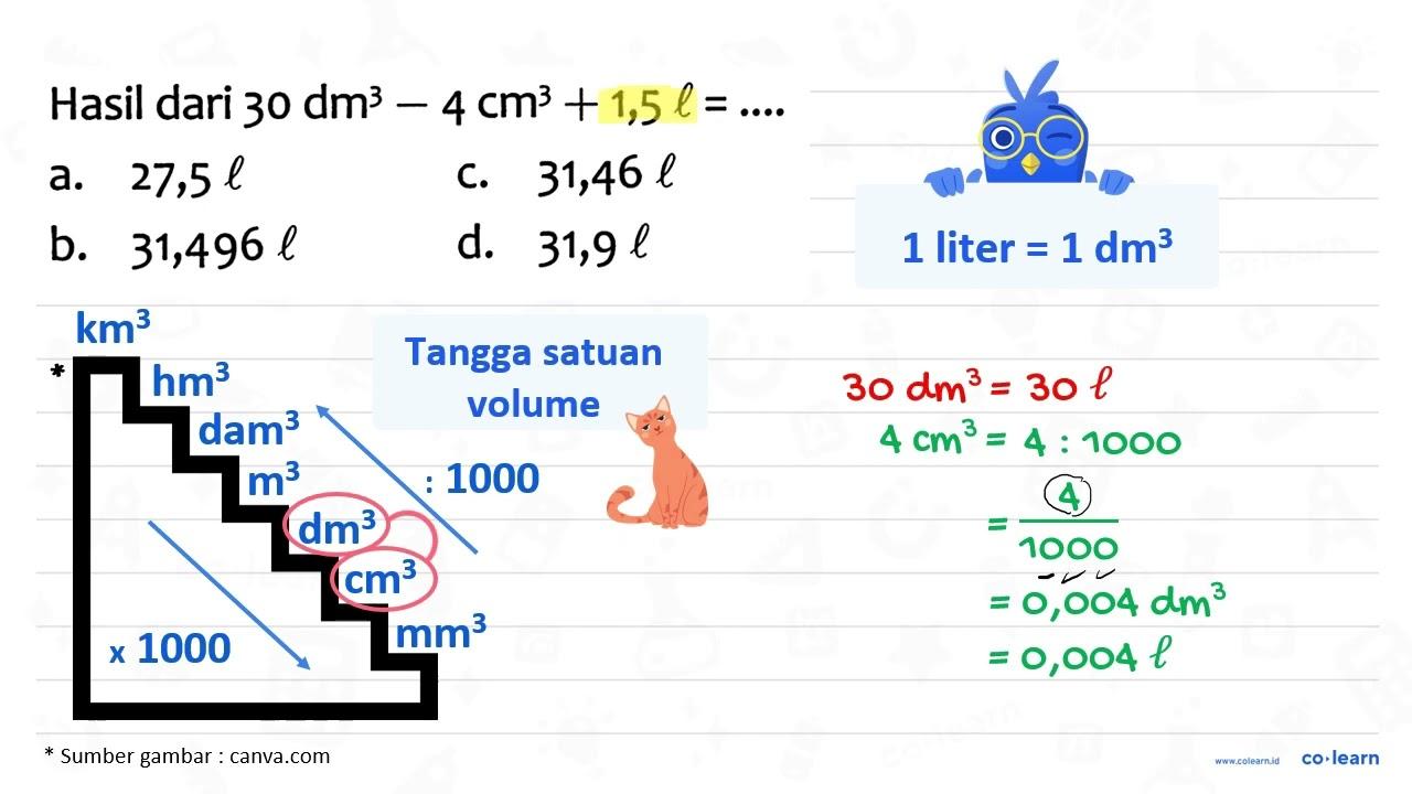 Hasil dari 30 dm^3 - 4 cm^3 +1,5 l=... a. 27,5 l c. 31,46 l