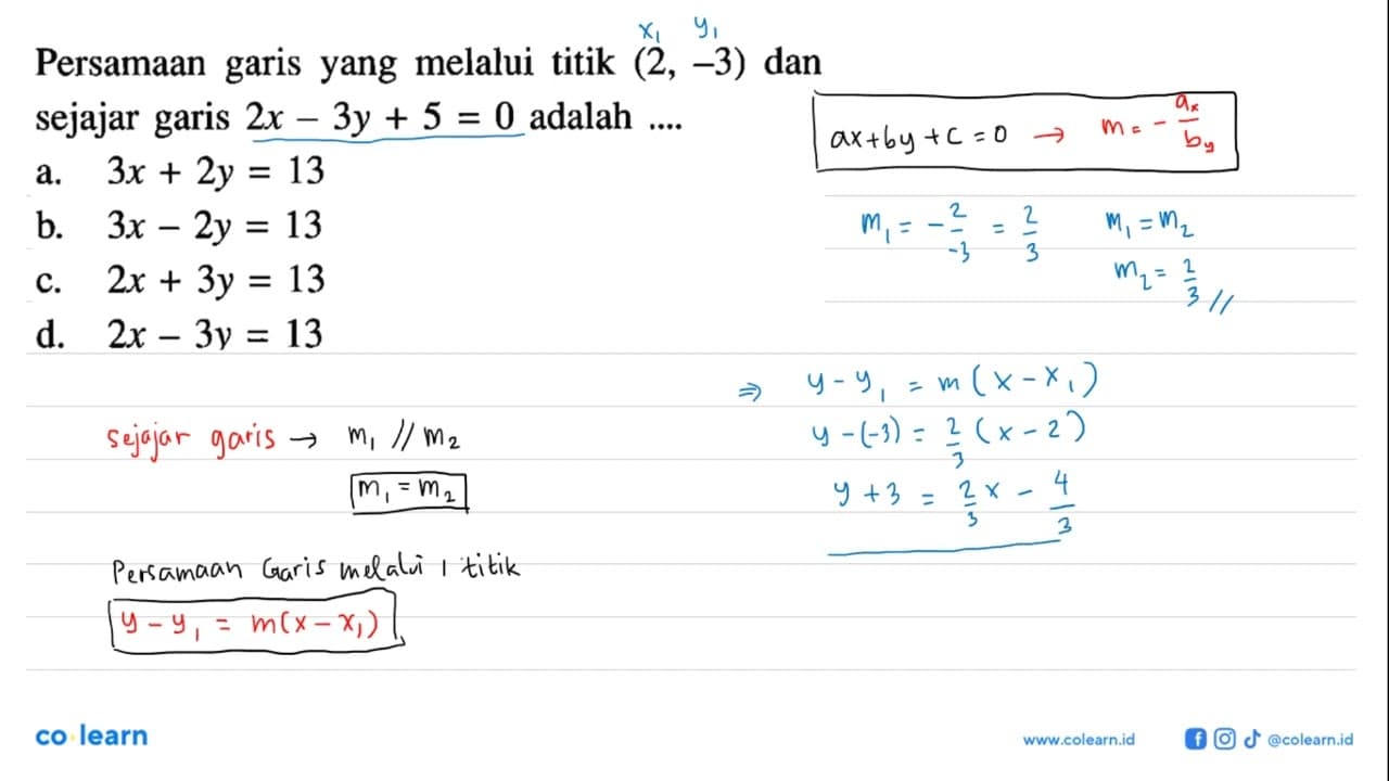 Persamaan yang melalui titik (2, -3) dan garis sejajar