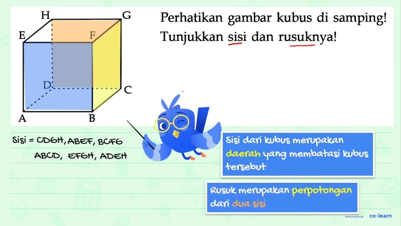 Perhatikan gambar kubus di samping! Tunjukkan sisi dan