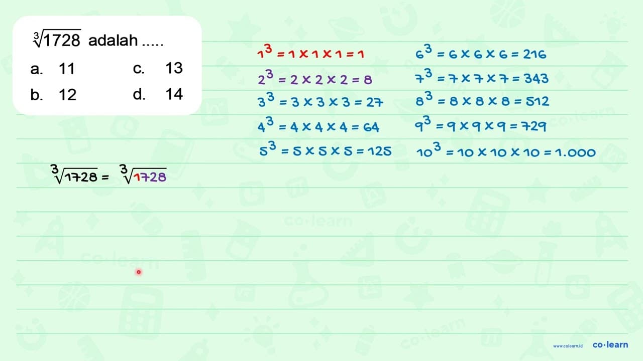 (1728)^(1/3) adalah ...