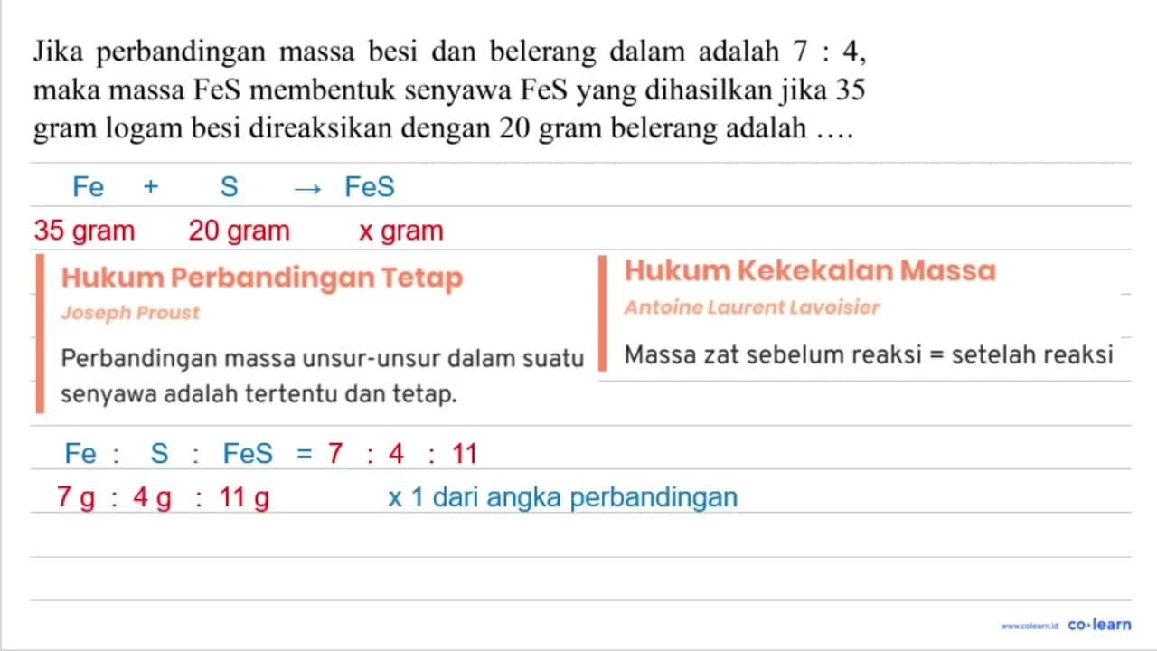 Jika perbandingan massa besi dan belerang dalam adalah 7: 4