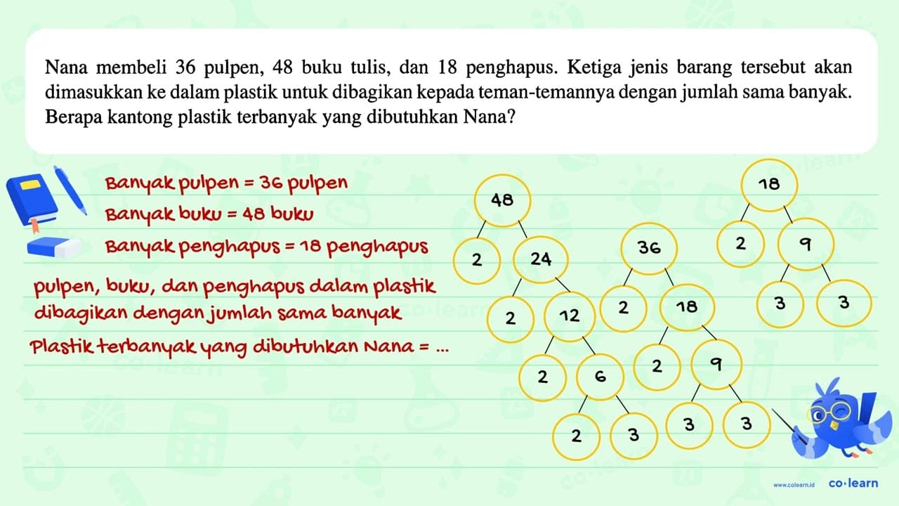 Nana membeli 36 pulpen, 48 buku tulis, dan 18 penghapus.