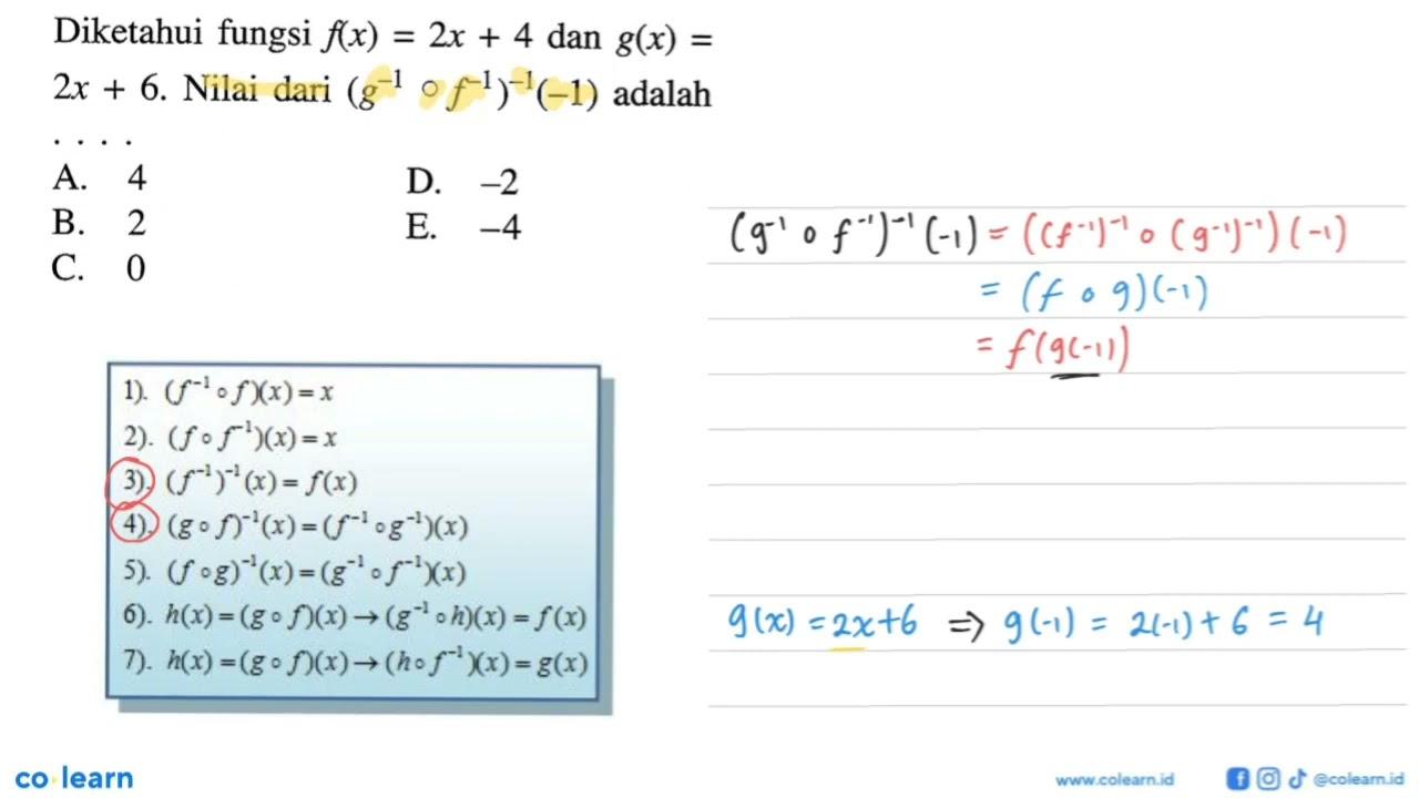 Diketahui fungsi f(x)=2x+4 dan g(x)=2x+6 . Nilai dari