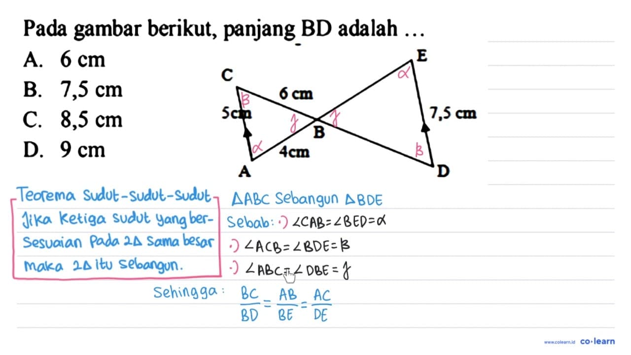 Pada gambar berikut, panjang BD adalah ... C 5 cm A 6 cm 4