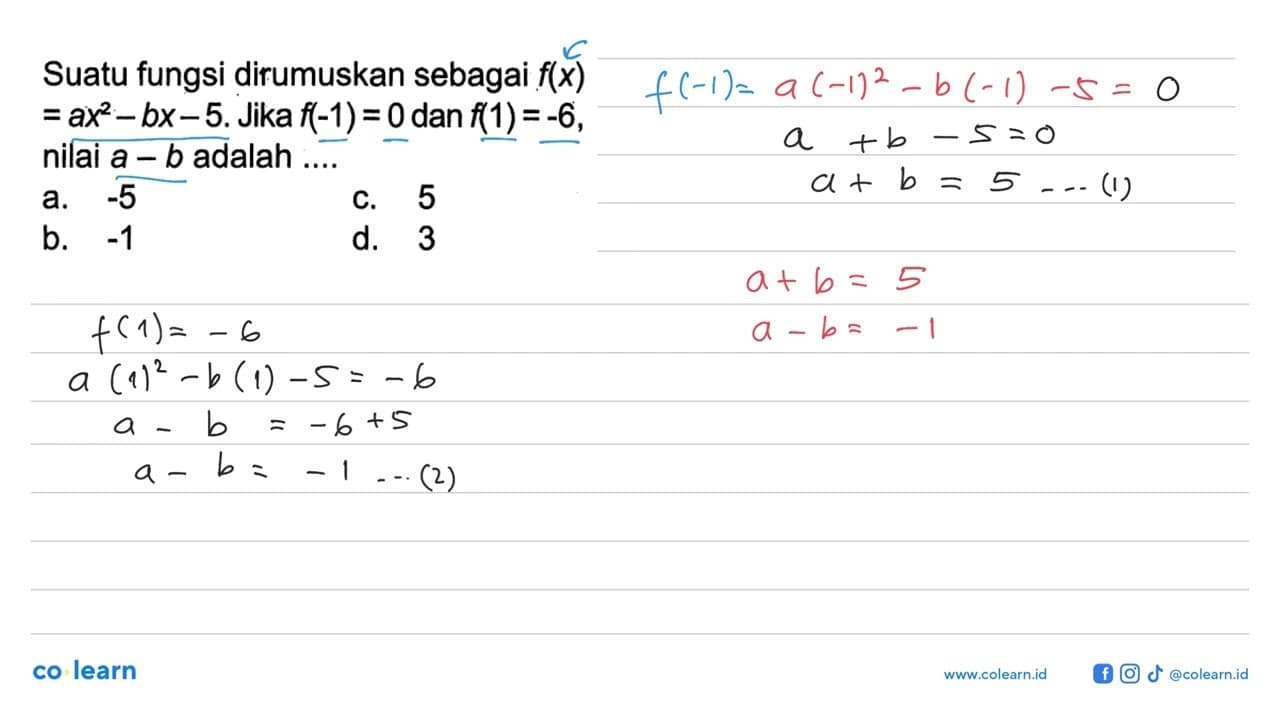 Suatu fungsi dirumuskan sebagai f(x) = ax^2 - bx - 5. Jika