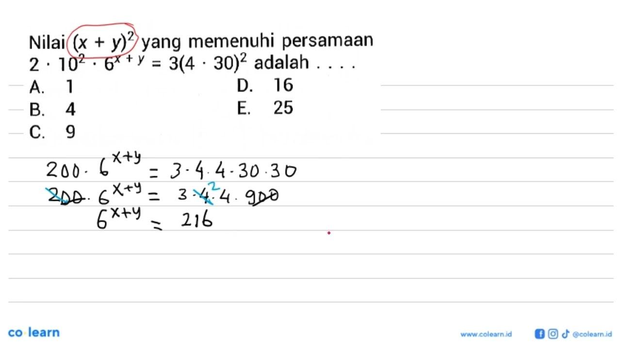 Nilai (x+y)^2 yang memenuhi persamaan