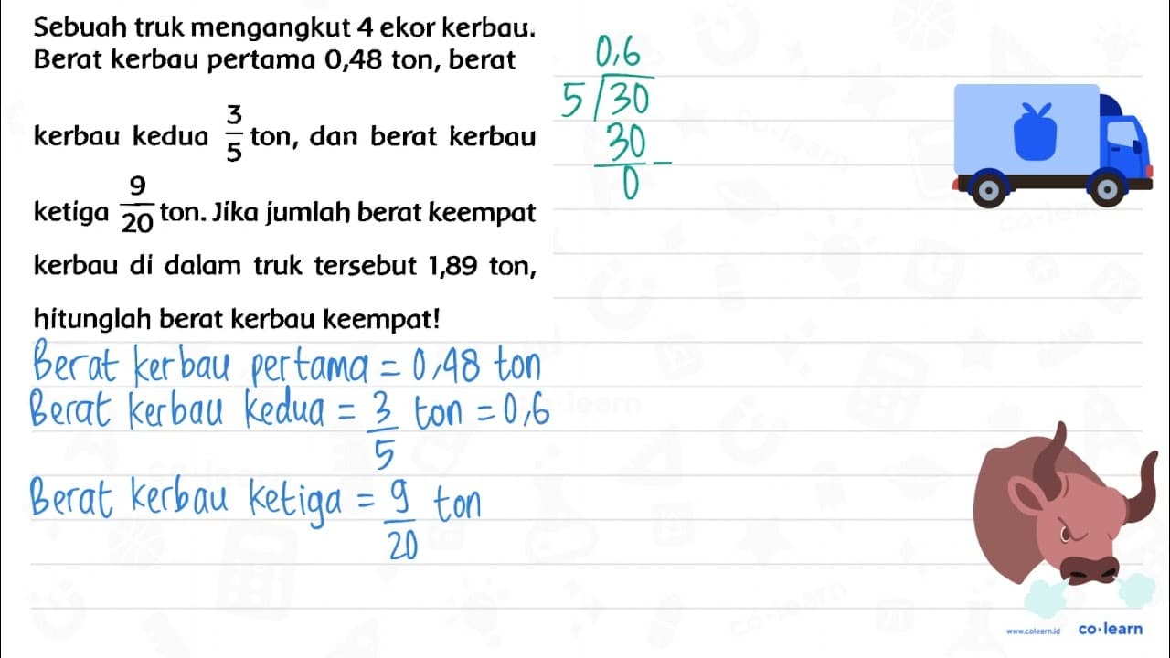 Sebuah truk mengangkut 4 ekor kerbau. Berat kerbau pertama