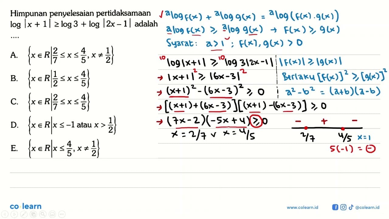 Himpunan penyelesaian pertidaksamaan log|x+1|>=log3+log|2