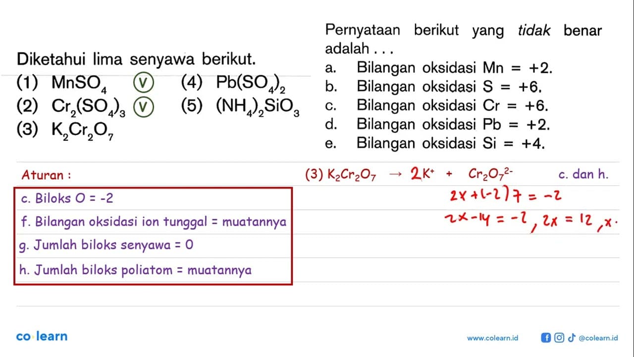 Diketahui lima senyawa berikut. (1) MnSO4 (2) Cr2(SO4)3 (3)