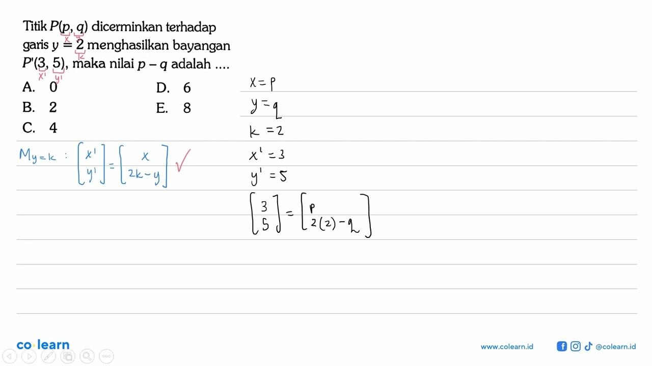 Titik P(p, q) dicerminkan terhadap garis y=2 menghasilkan