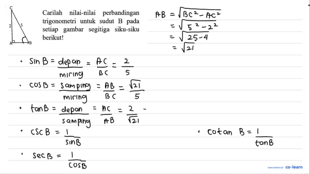 C 2 5 A B Carilah nilai-nilai perbandingan trigonometri