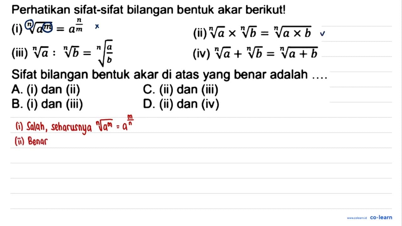 Perhatikan sifat-sifat bilangan bentuk akar berikut! (i)