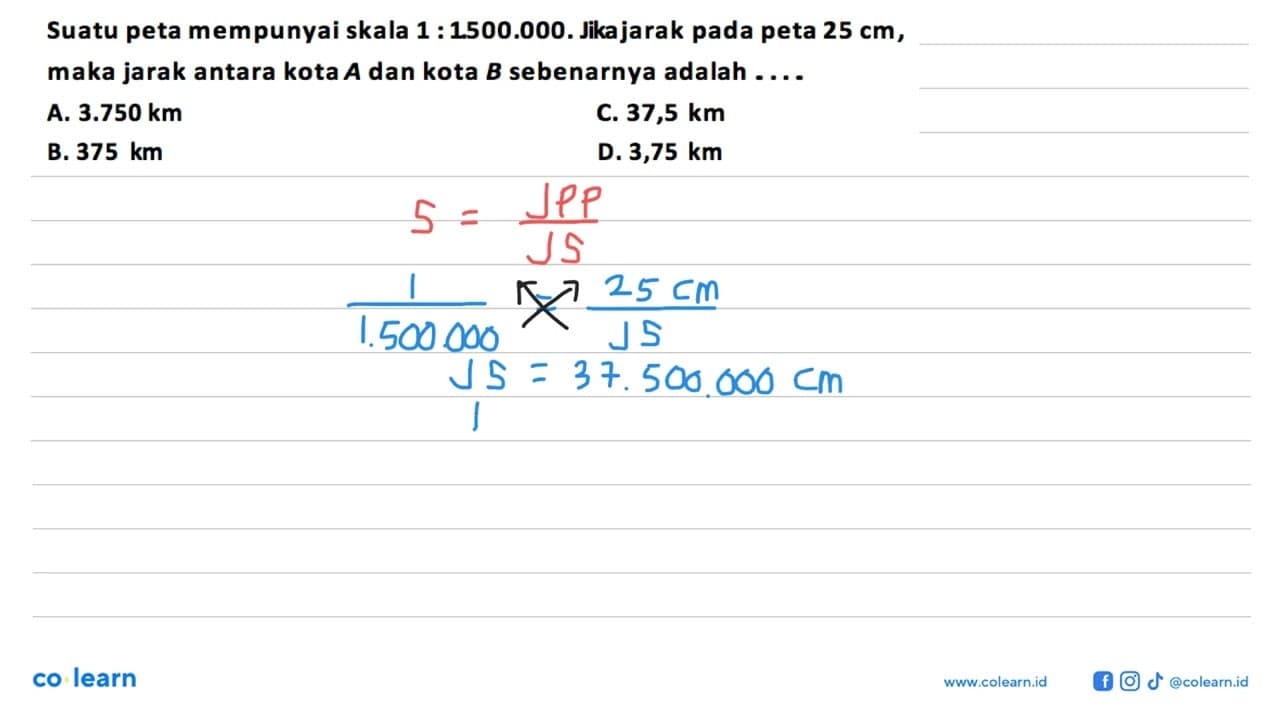 Suatu peta mempunyai skala 1: 1.500 .000 . Jika jarak pada