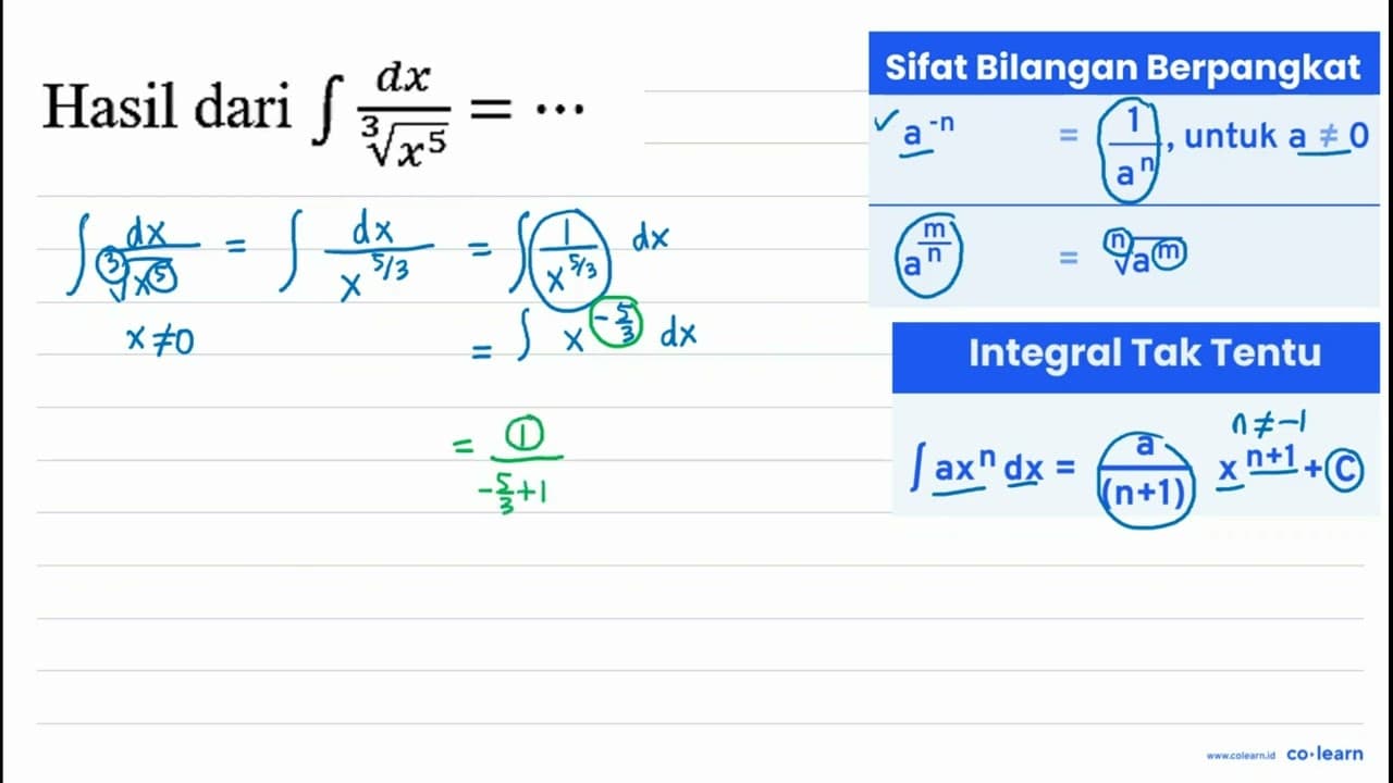 Hasil dari integral dx/x^(5/3) =