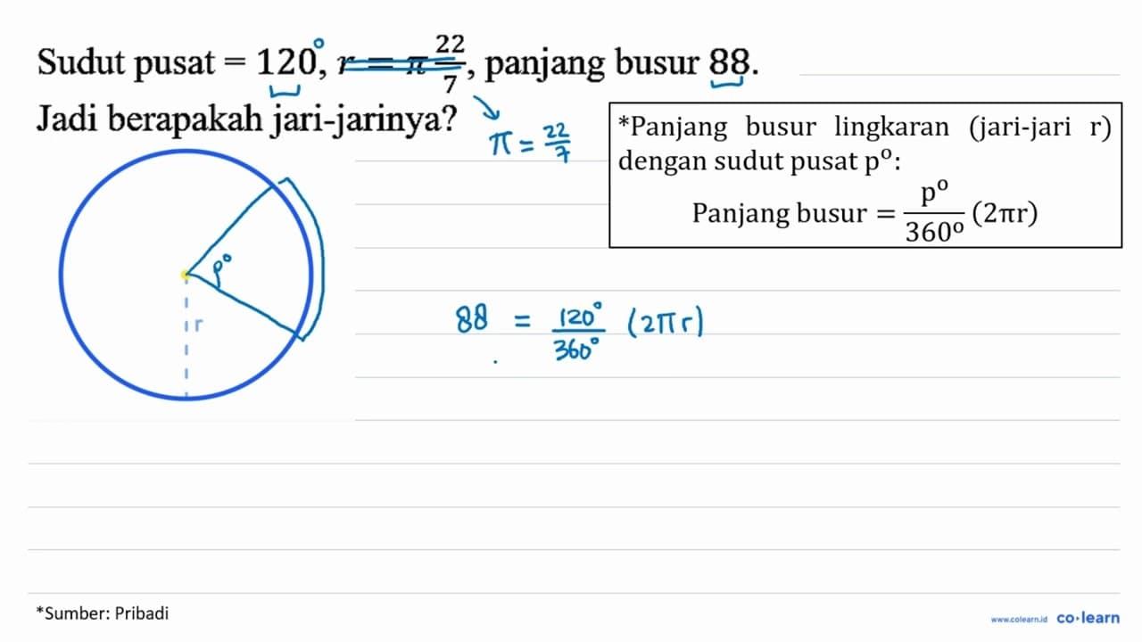 Sudut pusat = 120, r = pi 22/7, panjang busur 88. Jadi