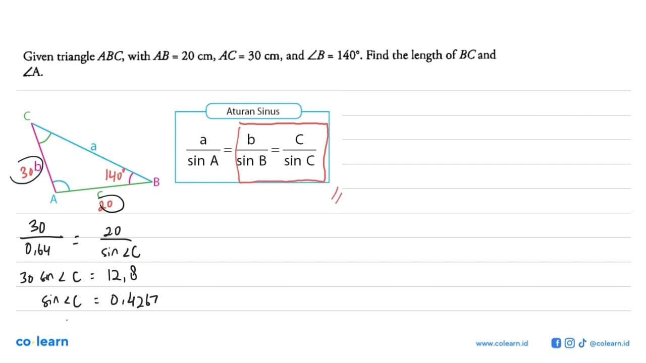 Given triangle ABC, with AB=20 cm, AC=30 cm, and sudut