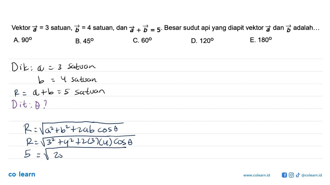 Vektor a=3 satuan, b=4 satuan, dan a+b=5. Besar sudut api