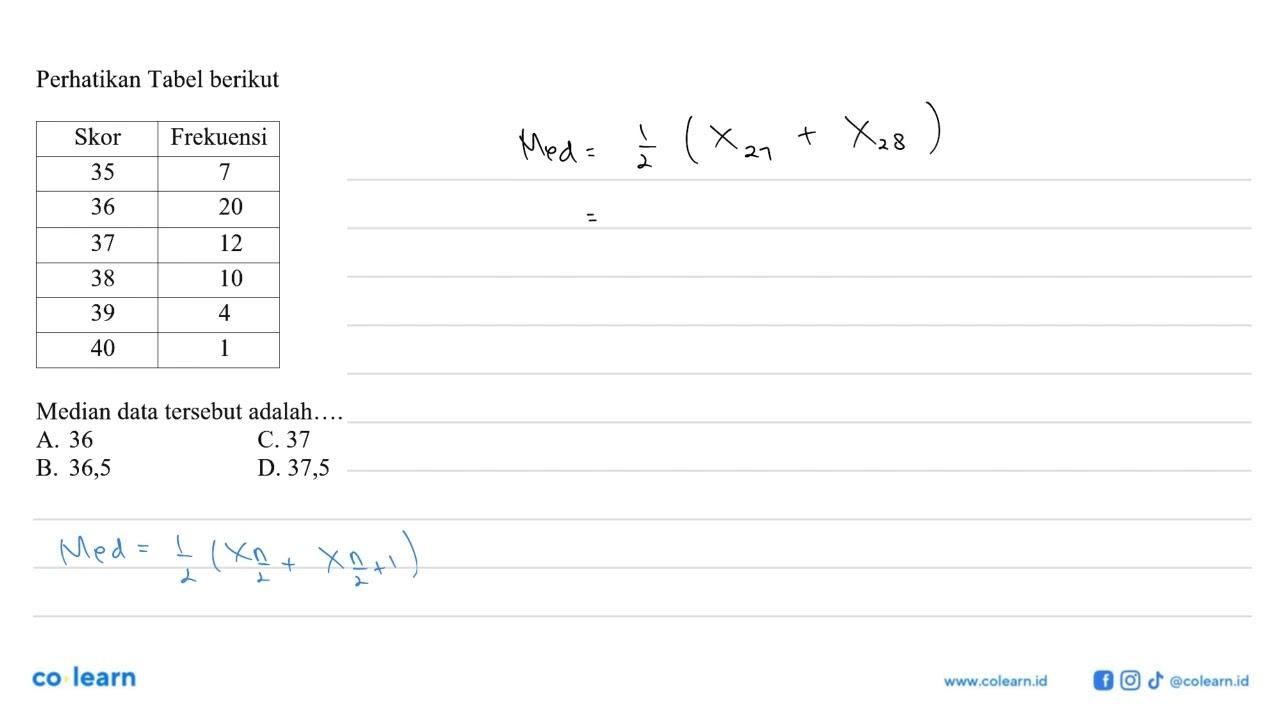 Perhatikan Tabel berikut Skor Frekuensi 35 7 36 20 37 12 38