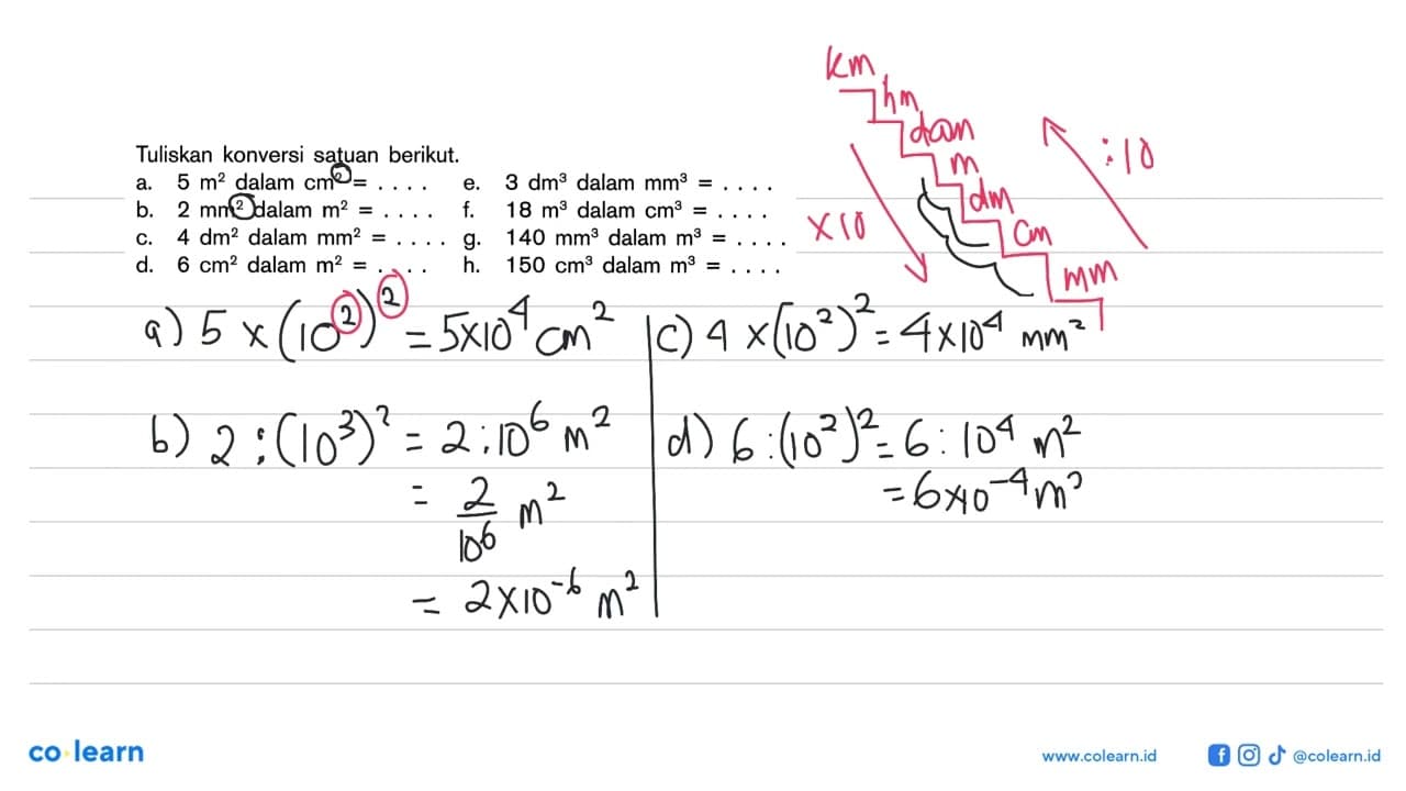 Tuliskan konversi satuan berikut. a. 5 m^2 dalam cm^2 = . .