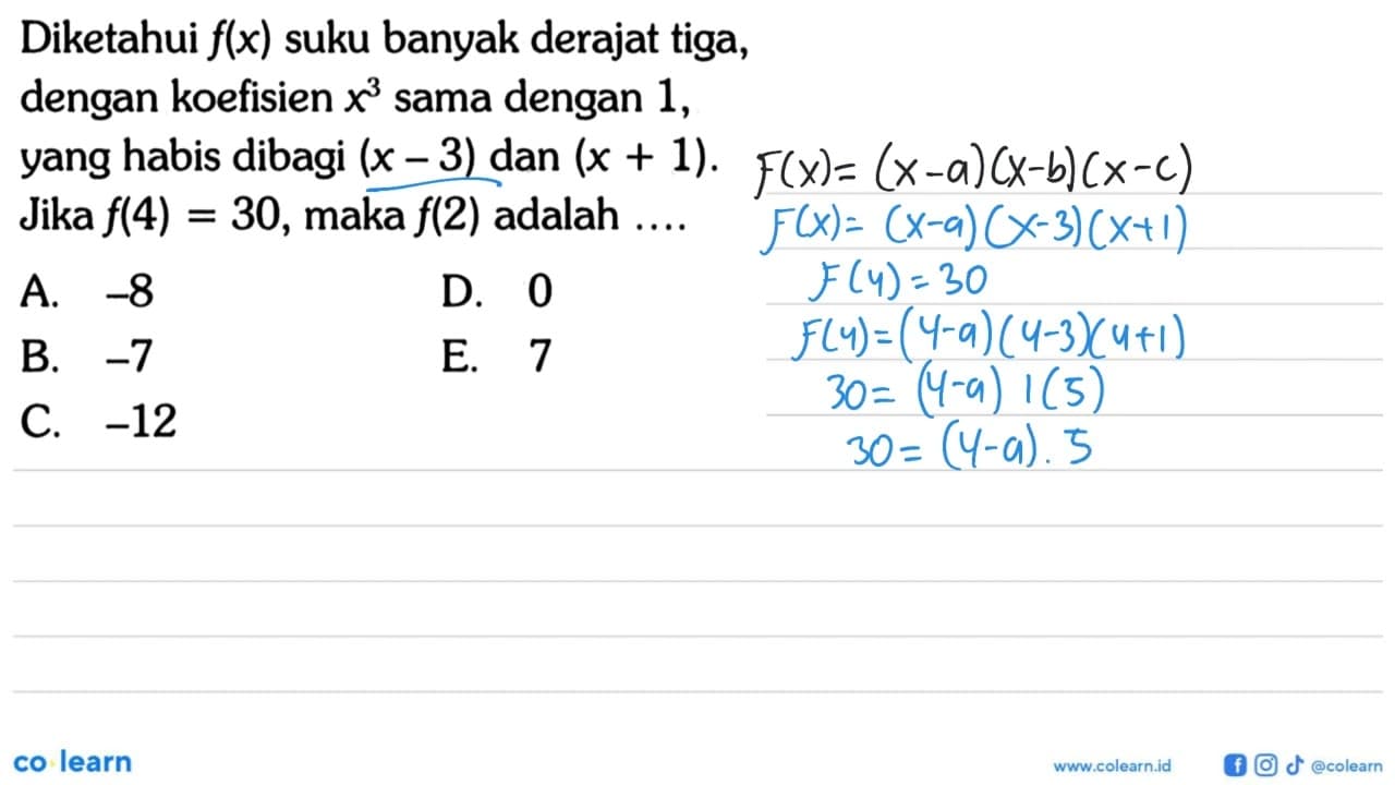 Diketahui f(x) suku banyak derajat tiga, dengan koefisien