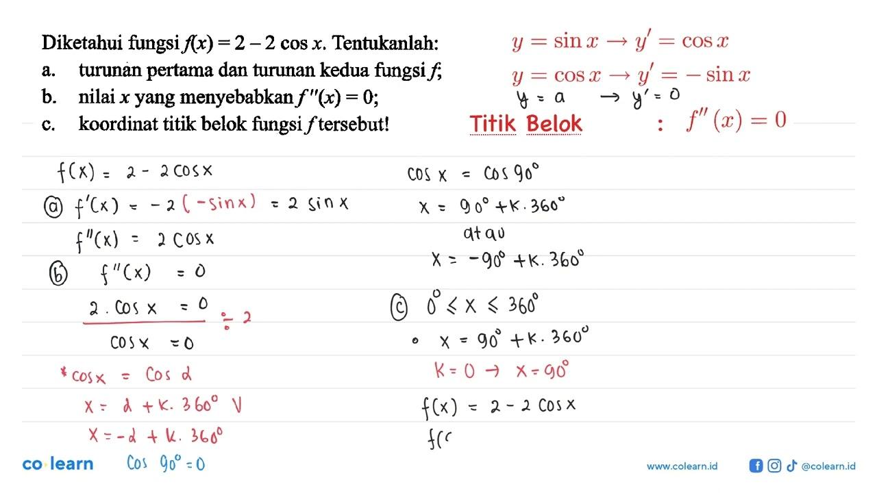 Diketahui fungsi f(x)=2-2 cos x, Tentukanlah: a. turunan