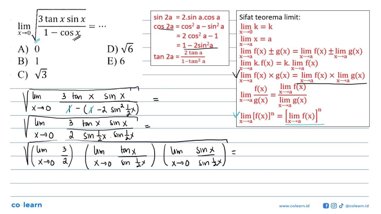 limit x->1 ((3 tan x sin x)/(1 - cos x))^(1/2) = ...