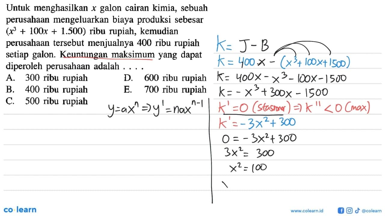 Untuk menghasilkan x galon cairan kimia, sebuah perusahaan