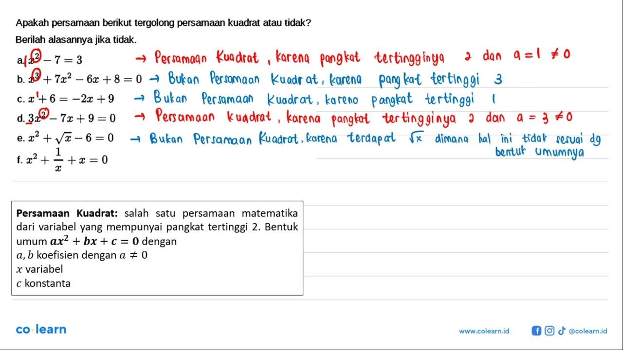 Apakah persamaan berikut tergolong persamaan kuadrat atau