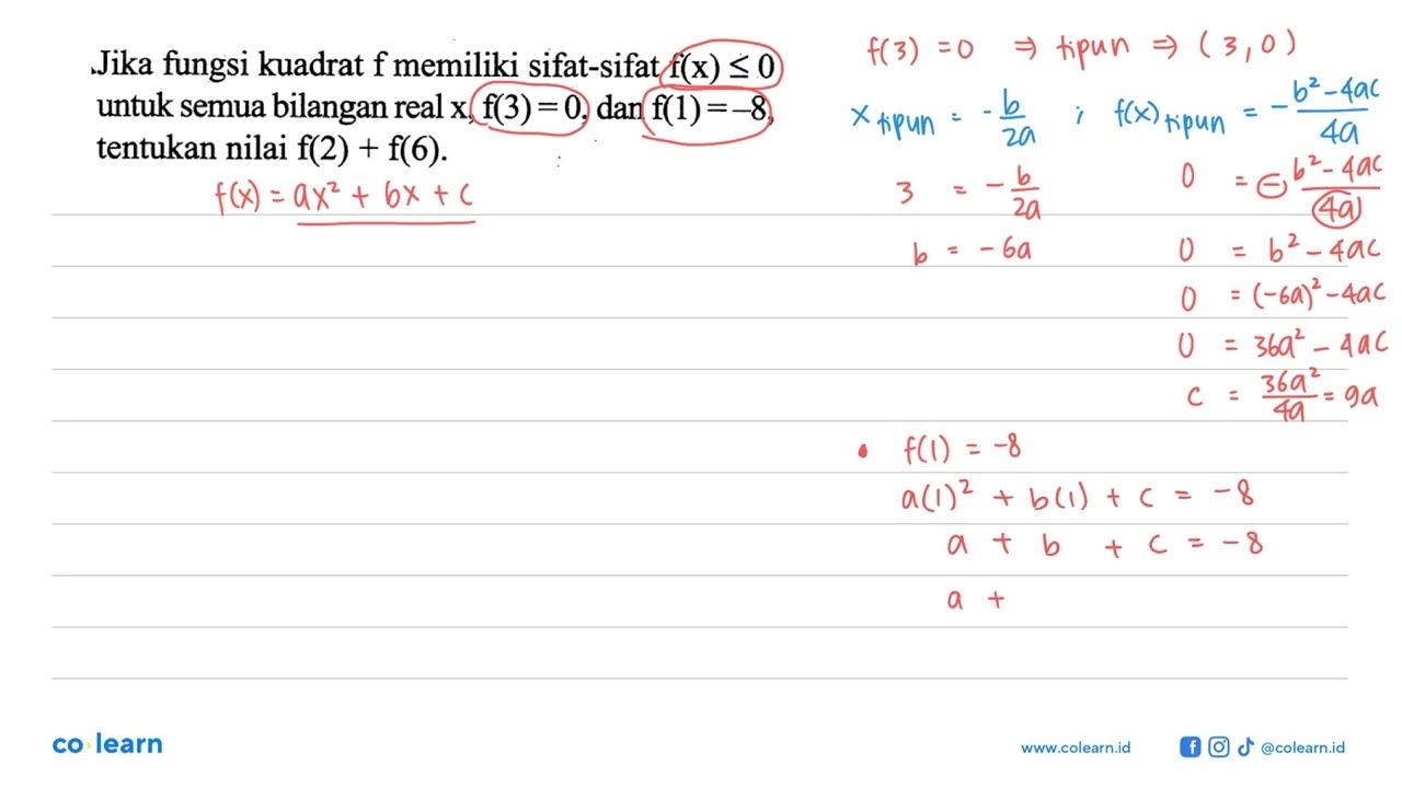 Jika fungsi kuadrat f memiliki sifat-sifat f(x)<=0 untuk