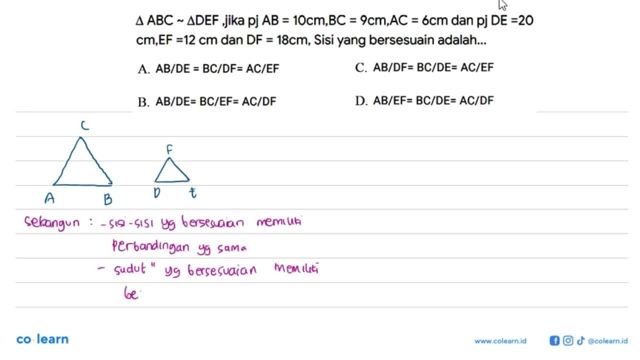 segitiga ABC ~ segitiga DEF, jika pj AB=10 cm, BC=9 cm,