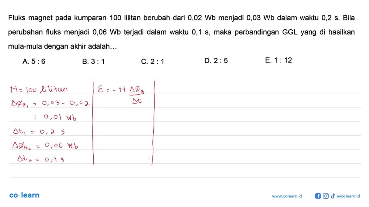 Fluks magnet pada kumparan 100 lilitan berubah dari 0,02 Wb