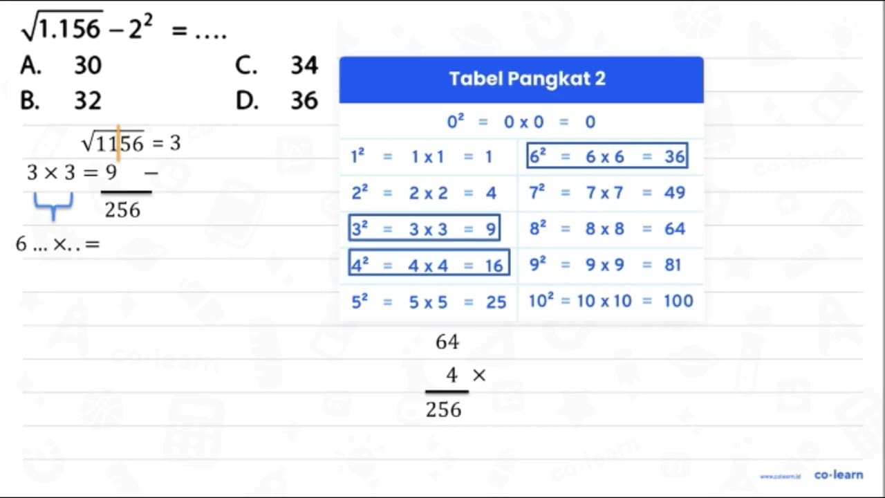 akar(1.156)-2^(2)=... A. 30 C. 34 B. 32 D. 36