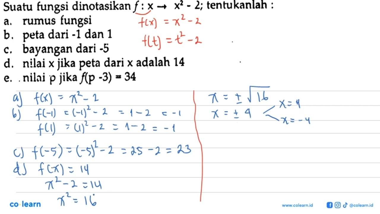 Suatu fungsi dinotasikan f : x -> x^2 - 2; tentukanlah : a.