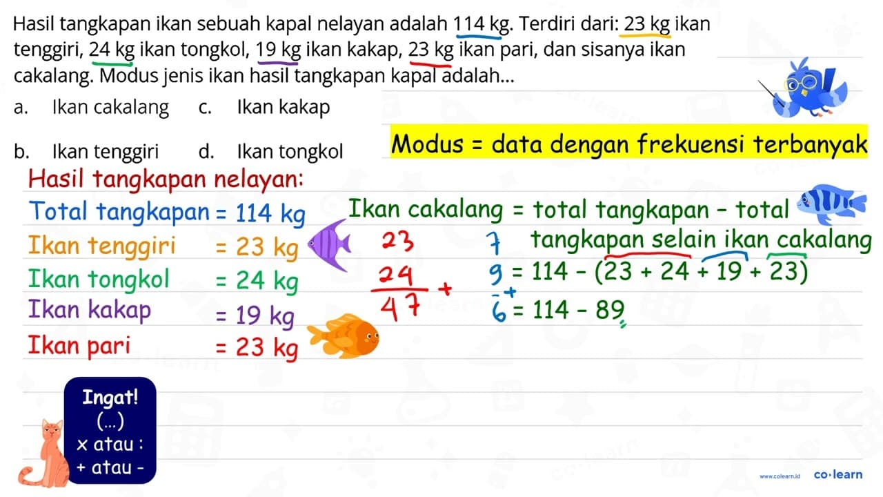 Hasil tangkapan ikan sebuah kapal nelayan adalah 114 kg .