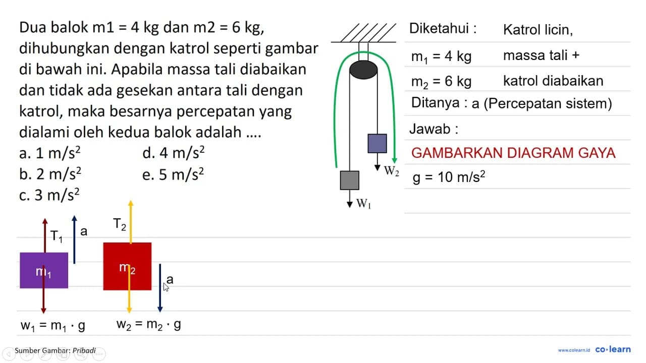 Dua balok m 1=4 kg dan m 2=6 kg , dihubungkan dengan katrol