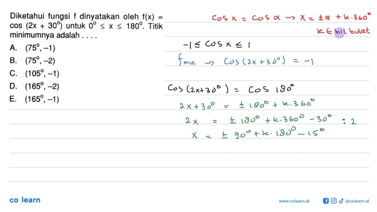 Diketahui fungsi f dinyatakan oleh f(x)=cos(2x+30) untuk