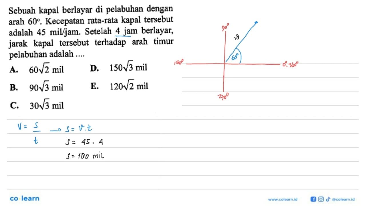 Sebuah kapal berlayar di pelabuhan dengan arah 60.