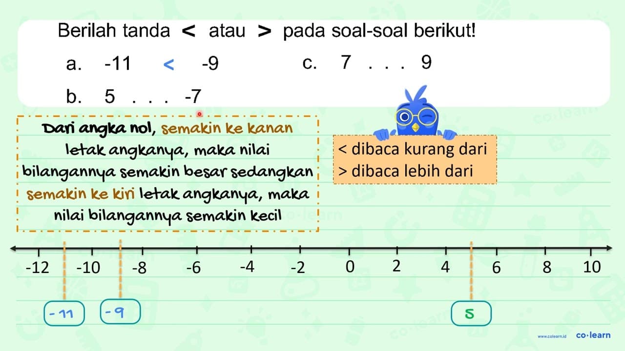 Berilah tanda < atau > pada soal-soal berikut! a. -11 . .-9