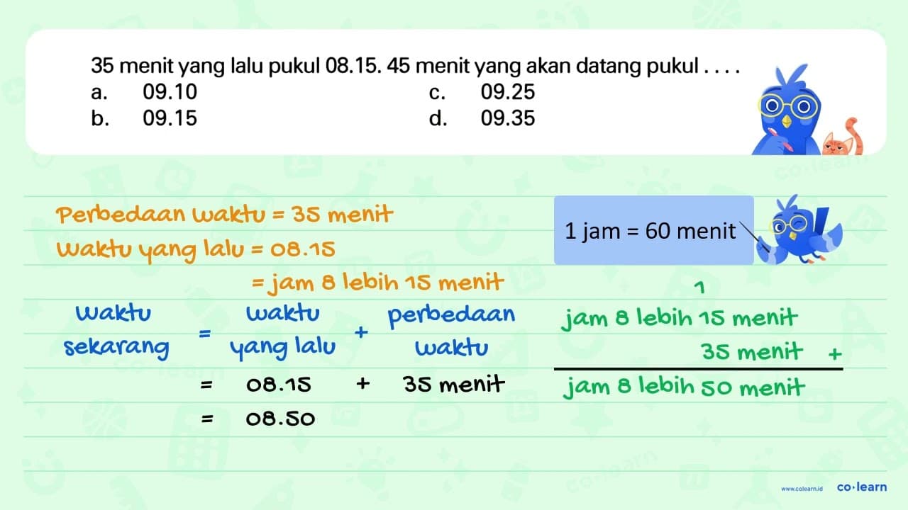 35 menit yang lalu pukul 08.15. 45 menit yang akan datang