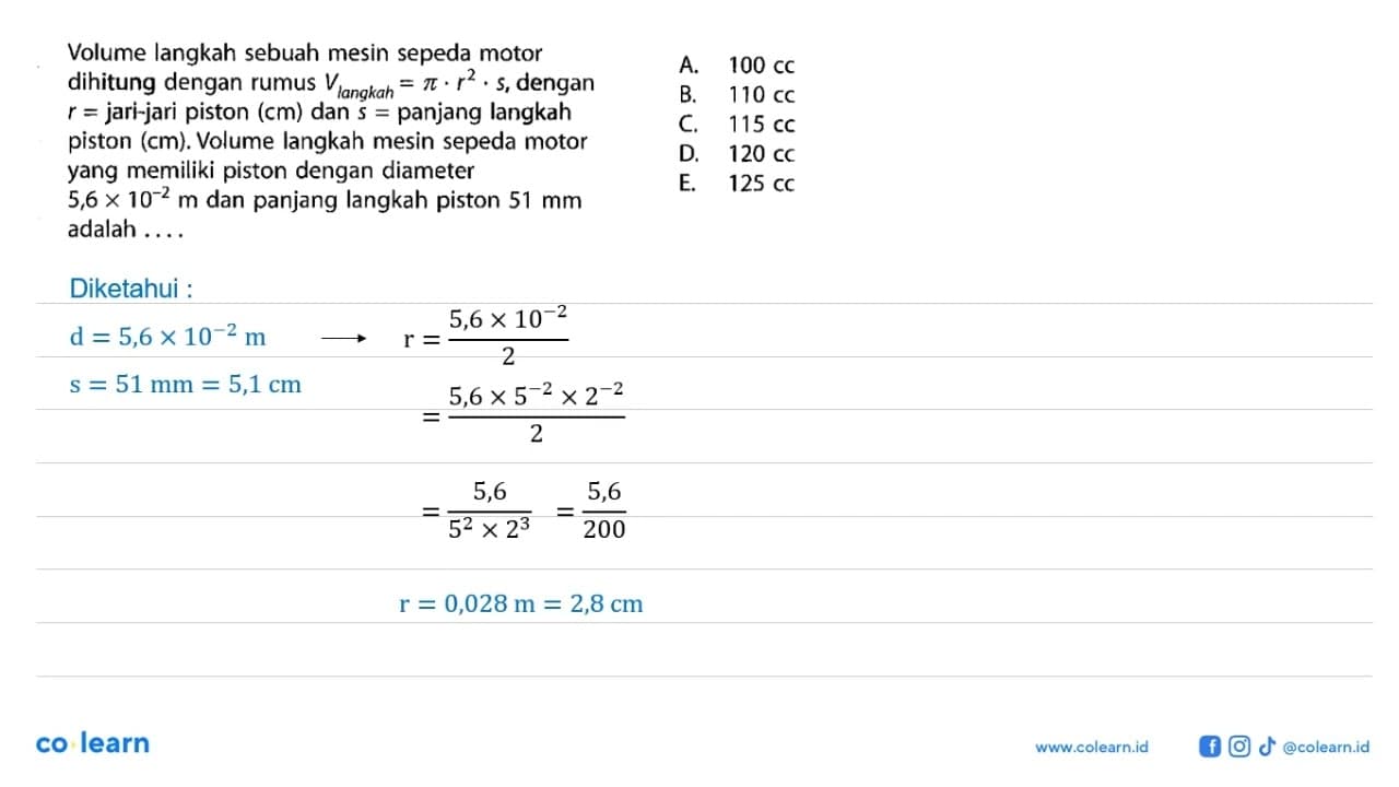 Volume langkah sebuah mesin sepeda motor dihitung dengan