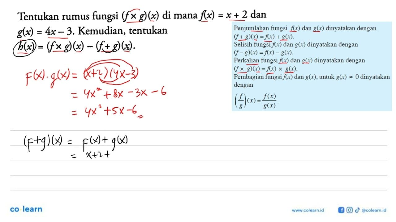 Tentukan rumus fungsi (f x g)(x) di mana f(x)=x+2 dan